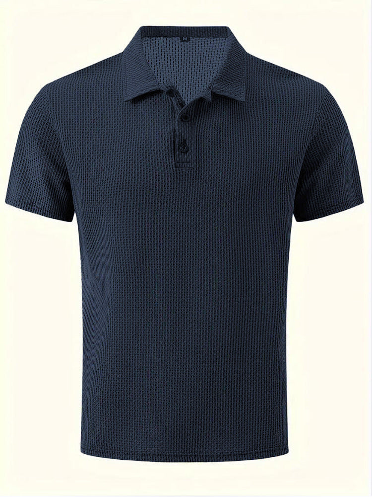 Men’s Navy Waffle Knit Polo Shirt Short Sleeve Textured Casual Golf Shirt