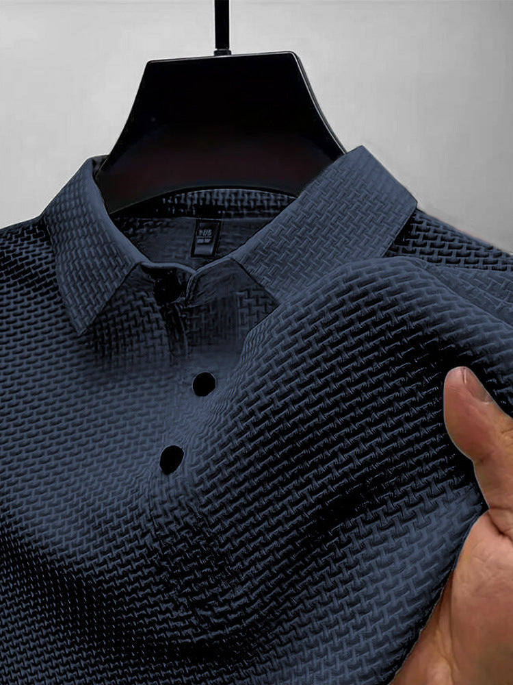 Men’s Navy Waffle Knit Polo Shirt Short Sleeve Textured Casual Golf Shirt