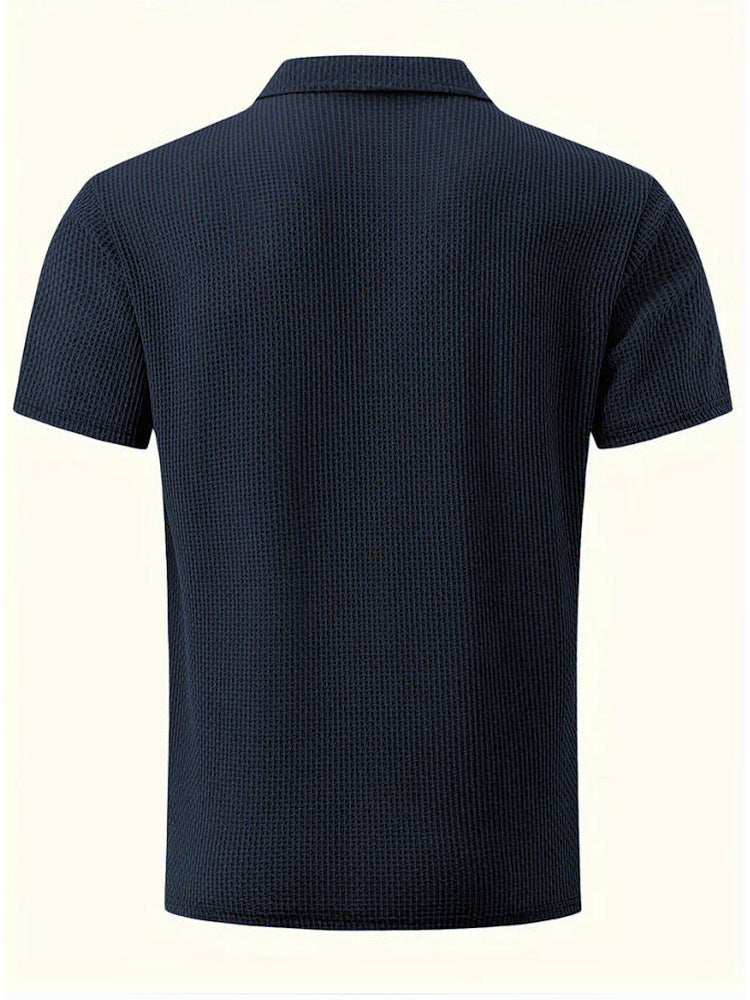Men’s Navy Waffle Knit Polo Shirt Short Sleeve Textured Casual Golf Shirt