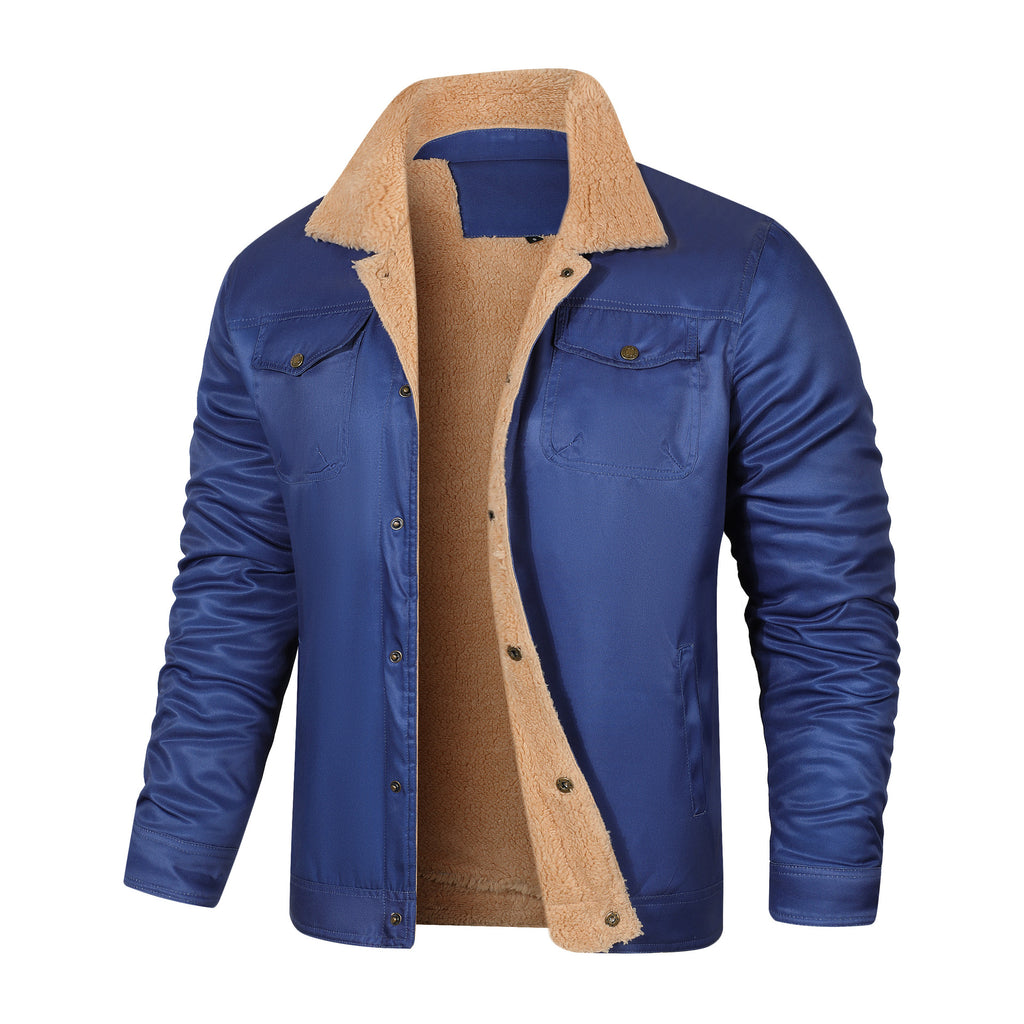 Men’s Blue Fleece Lined Trucker Jacket Sherpa Collar Button-Down Winter Coat