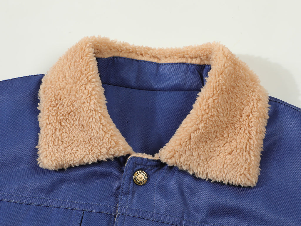 Men’s Blue Fleece Lined Trucker Jacket Sherpa Collar Button-Down Winter Coat